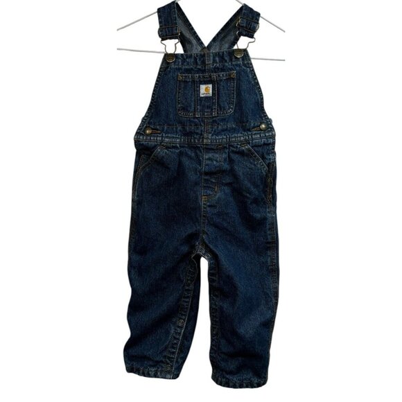 Carhartt Bib Overalls Boys 24M Denim Lined Snap Legs Toddler - Picture 1 of 5